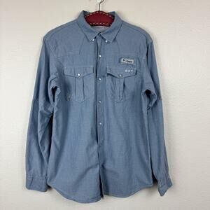 Men’s Columbia Long Sleeve Pearl Snap Button Down Cotton Chambray Shirt Blue S